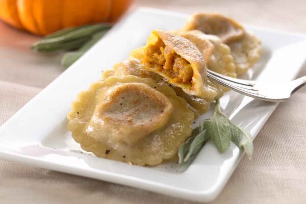 Pumpkin-amaretto ravioli, sage brown butter